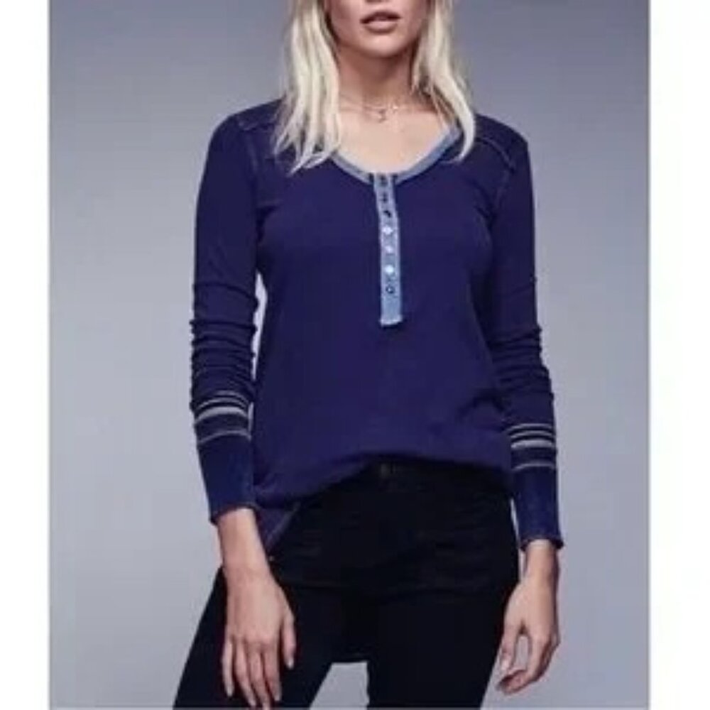 Free People Blue Slouchy Exposed Stitch Embellished Henley Top | Boho Grunge S - Picture 15 of 16